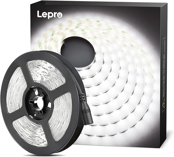 Lepro White LED Strip Light 5M (No Plug, Striplight Only), 300 LEDs, 2300lm, 6000K, Stick on LED Lights for Kitchen Cabinet Cupboard, Mirror and DIY (DC 12V Power Supply Required)[Energy Class E]