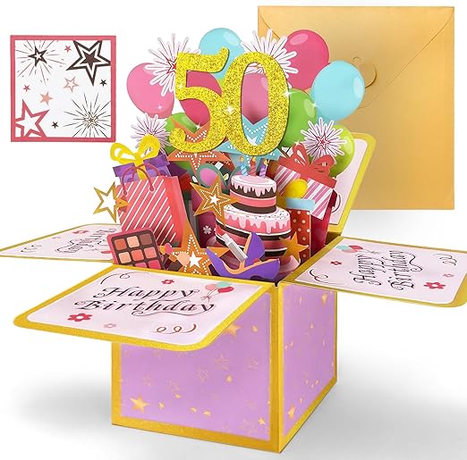 50th Birthday Card, Pink Pop Up 50th Birthday Cards for Women, Special 50th Birthday Gifts, 3D Sweet Popup Gift Box Greeting Cards for Daughter Mum Wife Auntie Female Her Gift Decoration