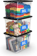 KAPCO 80L Plastic Storage Box with Black Lid (Pack of 3) | Large, Stackable, Strong, Durable Clear Box Containers for Home & Office | Multipurpose Storage Tubs | 57 x 40 x 40cm | 80 Litre - 3 Pack