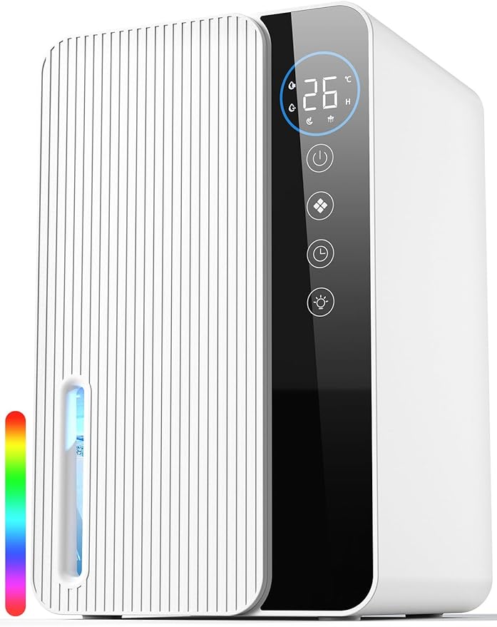 Dehumidifiers for Home, 1.8L Dehumidifier for Bedroom, Quiet Portable Dehumidifier with 6/8/12H Timer, Auto Defrost, Auto Shut Off & RGB Light for Drying Clothes Bathroom (750ML/Day)