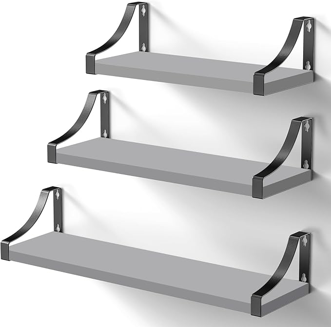 Pipishell Floating Shelves Wall Mounted Shelf, Paulownia Wood Wall Shelves, Wooden Shelves Set of 3 for Bedroom, Bathroom, Living Room, Kitchen, Home Office, Laundry room,etc (Grey)