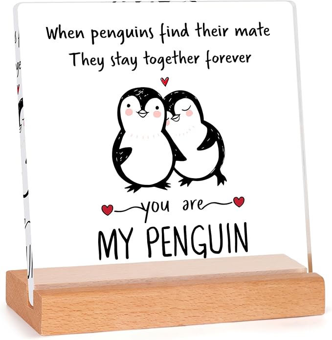 Valentines Gifts for Him Her, Penguin Acrylic Plaque Gifts for Boyfriend Girlfriend, Romantic I Love You Gifts, Anniversary Wedding Birthday Gifts for Husband Wife