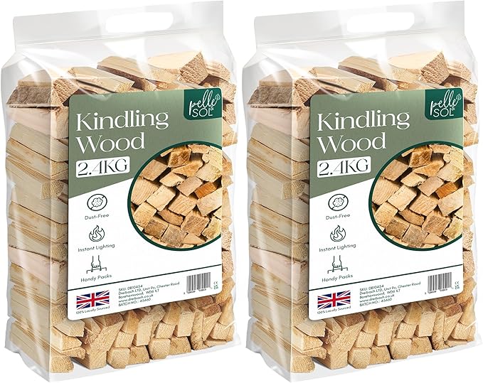 Pelle & Sol Kindling Wood 2 Pack x 2.4 Kg (4.8 Kg Total) – Kiln-Dried Fire Wood, Smokeless Fire Logs, Long-Burning Heat Logs for Wood Burner, BBQ & Pizza Oven