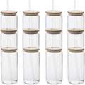 480ml Can Shaped Glass Cups Set, Drinking Glasses with Bamboo Lids and Glass Straw, Beer Glasses, Iced Coffee Glasses, Clear Cute Tumbler Cup, Ideal for Cocktail, Coke, Soda(12 pcs)
