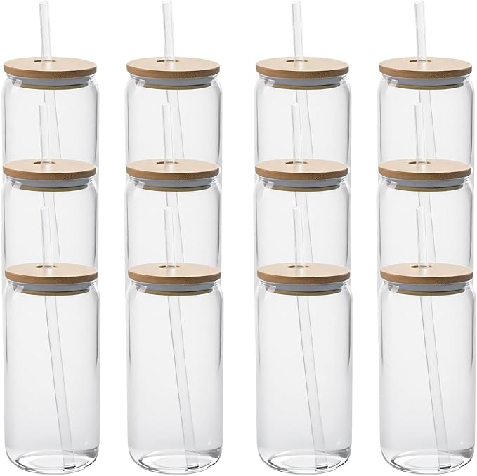 480ml Can Shaped Glass Cups Set, Drinking Glasses with Bamboo Lids and Glass Straw, Beer Glasses, Iced Coffee Glasses, Clear Cute Tumbler Cup, Ideal for Cocktail, Coke, Soda(12 pcs)