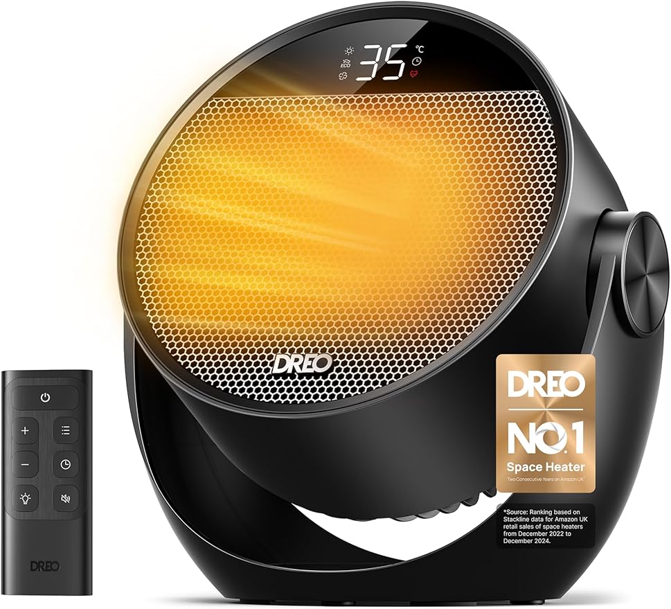 Dreo 1500W Portable Electric Heater for Home, 60° Adjustable Tilt, 10.5ft/s Fan Heater with Remote, 8 Safety Protections, 12H Timer, 3 Modes, Silent Small Ceramic Space Heaters for Bedroom, Atom 320