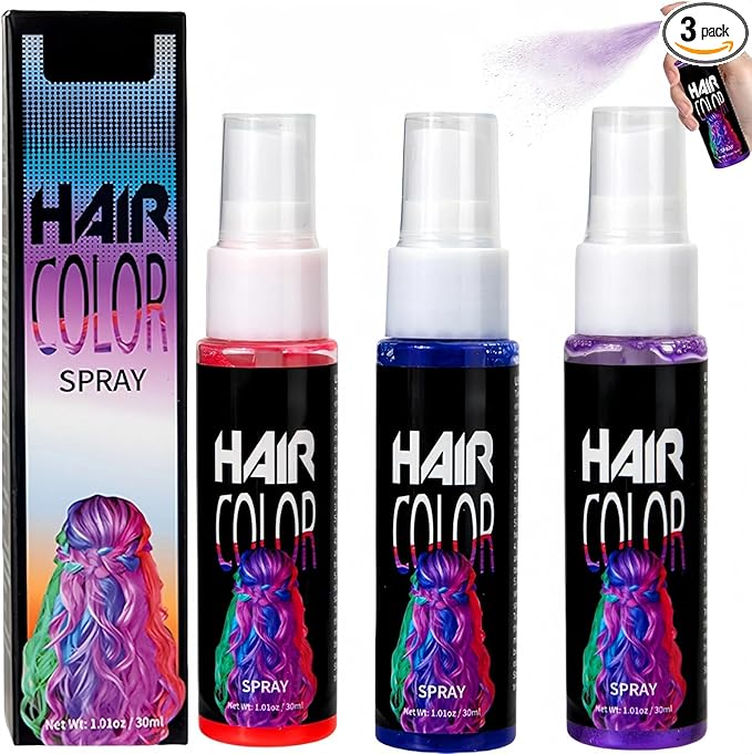 3 Colors Washable Hair Colour Spray, Coloured Hair Spray Wash Out Kids, Temporary Hair-Dye for Parties, Cosplay, Prom, Halloween, Christmas(Red, Blue, Purple)