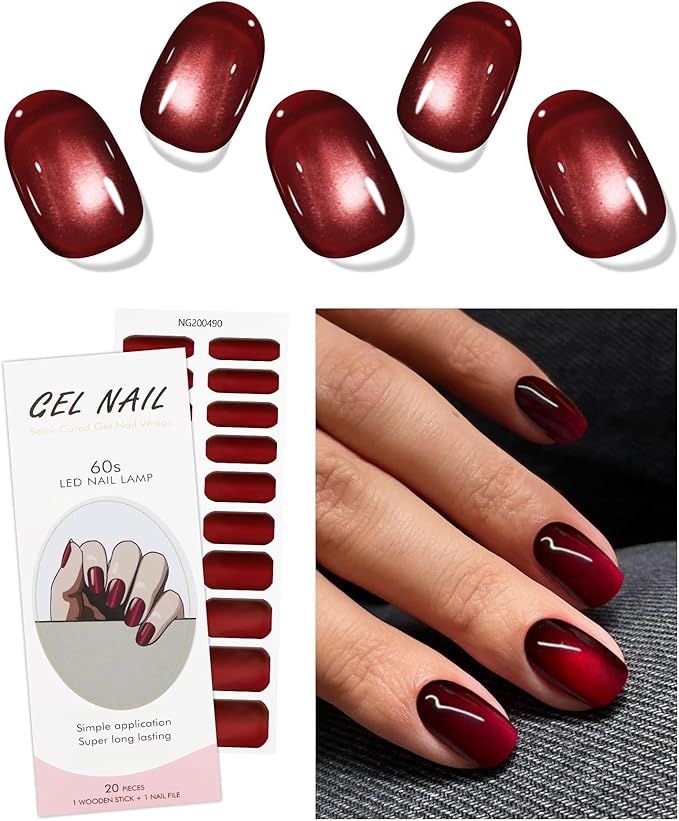 JMEOWIO Gel Nail Stickers Cat Eyes Red Semi Cured Gel Nail Strips Wraps UV/LED Nails Art Design Decoration Accessories
