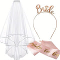 3Pcs Bride to Be Sash and Veil with Tiara, Rose Gold Wedding Hen Do Decorations- for Bachelorette Party Games