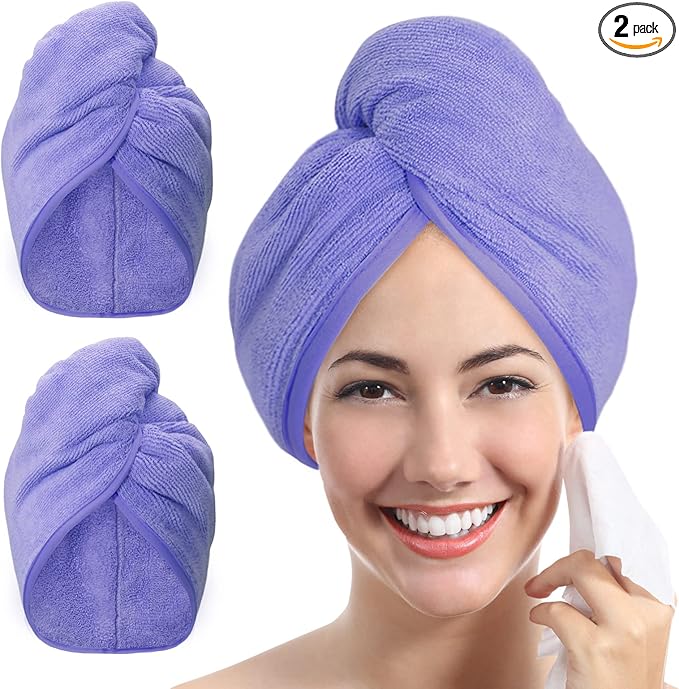 YoulerTex Microfibre Hair Towel Wrap: 2Pack Hair Turban Super Absorbent Rapid Drying Microfiber Towel for Women Curly Long Wet Plopping Hair Girls Head Towelling Large Anti-Frizz (Lilac Purple)