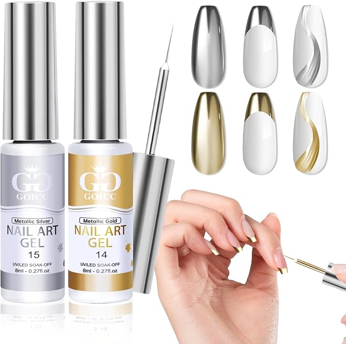 Chrome Gel Nail Polish 2PCS Silver Gold Metallic Gel Nail Polish Gel Liner Nail Art Polish 3D Nail Gel Mirror Effect For Nail Design Painting Gel Set With Thin Brush Soak off Curing Requires 8ml