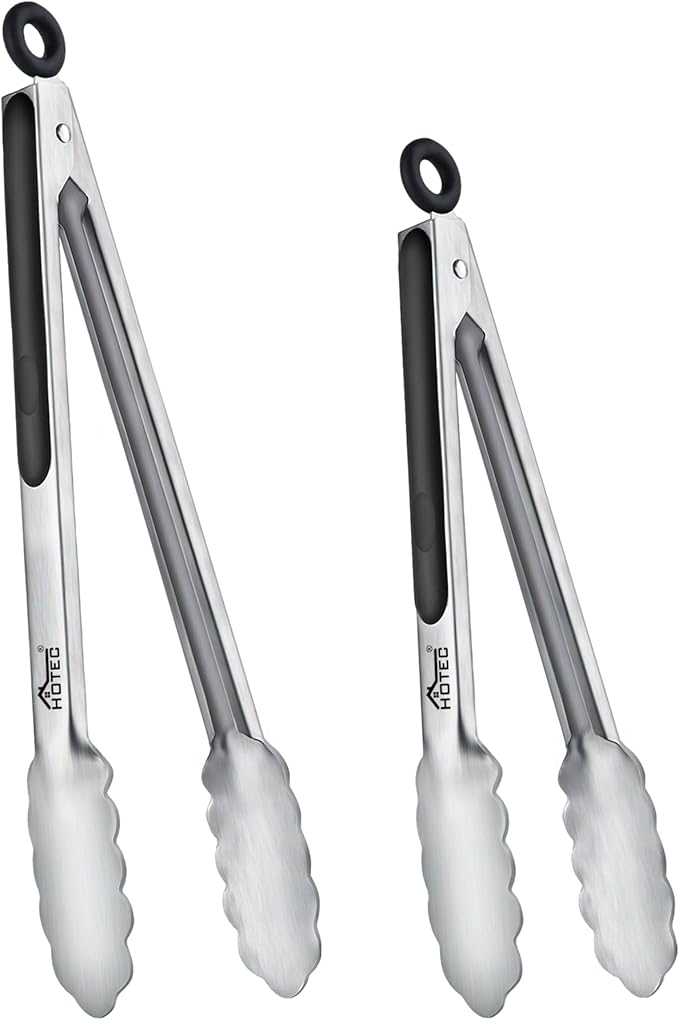 HOTEC Stainless Steel Kitchen Tongs Set of 2-9" and 12", Locking Metal Food Tongs Non-Slip Grip