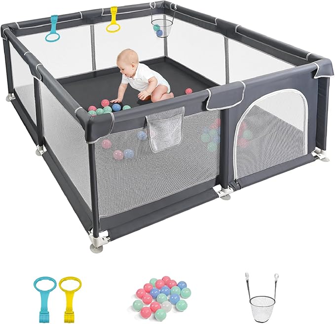 CHOLY Baby Playpen for Babies and Toddlers, Durable Play Pen with Visible Breathable Mesh, Foam Protection, Easy to Assemble Infant Fence -128 ×128cm (Dark Grey, 128 x 128cm)
