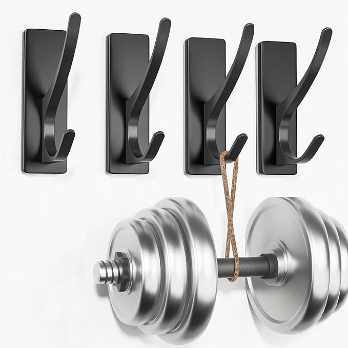 pickpiff Self Adhesive Hooks, Sticky Hooks Extra Sturdy, Hanging up to 6KG, Metal Stainless Heavy Duty Stick on Wall Door, for Towel Coat Hat Purse in Bathroom Shower Kitchen, Black, 4 Pack