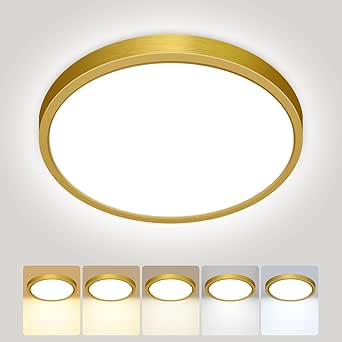 Peasur Bathroom Light, 3000K/3500K/4000K/5000K/6500K 5 Color Temperature LED Ceiling Light, 15W 1500LM, IP54 Waterproof, Round, Small, Modern, Flush Ceiling Light for Bathroom, Kitchen, Bedroom, Gold