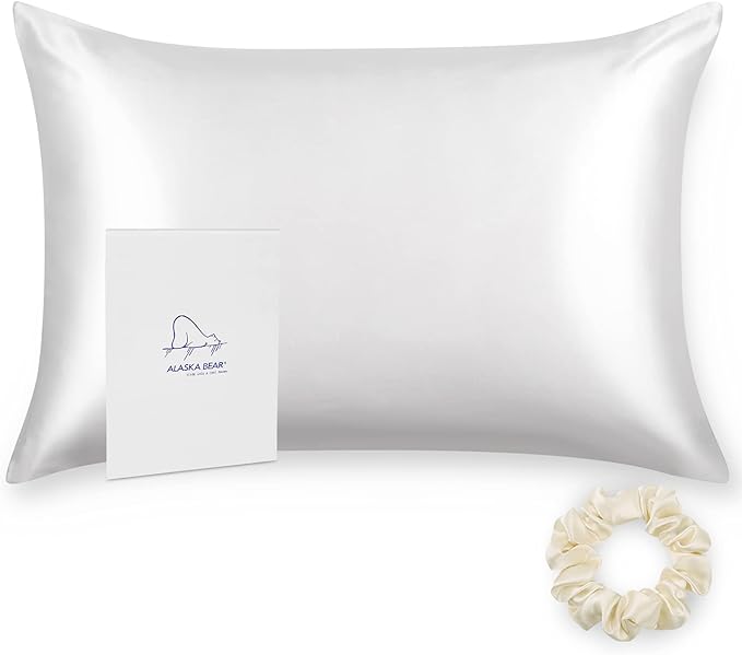 ALASKA BEAR 100% Mulberry Silk Pillowcase for Hair and Skin Health, Hypoallergenic, Standard Size 50x75cm Natural Silk Pillow Case for Beauty Sleep (1pc, White)