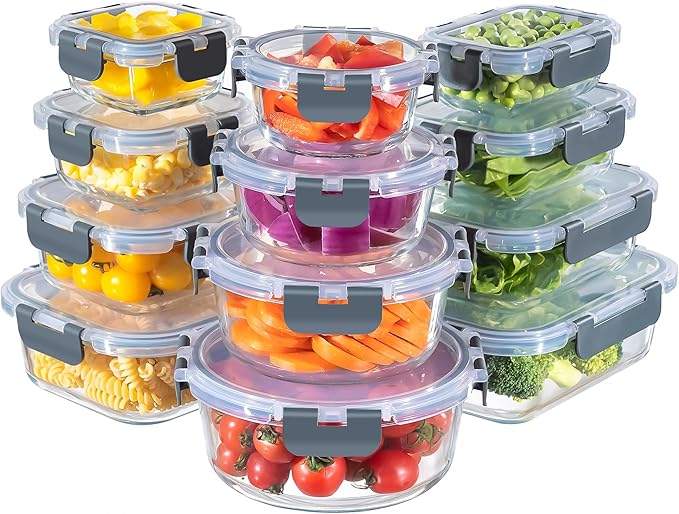 MFY 12-Pack Glass Containers with Lids, Reusable Meal Prep Containers, Leak-Proof, Airtight Glass Food Storage Containers with Lids, Safe for Microwave, Oven, Freezer, and Dishwasher Gray