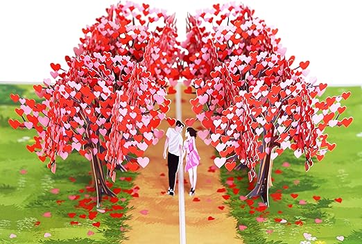 Valentines Day Card | Pop Up Anniversary Wedding Birthday Engagement, 3D Greeting Card for Wife Couple (Size 15x20 cm - Romantic Heart Tree Avenue Path)