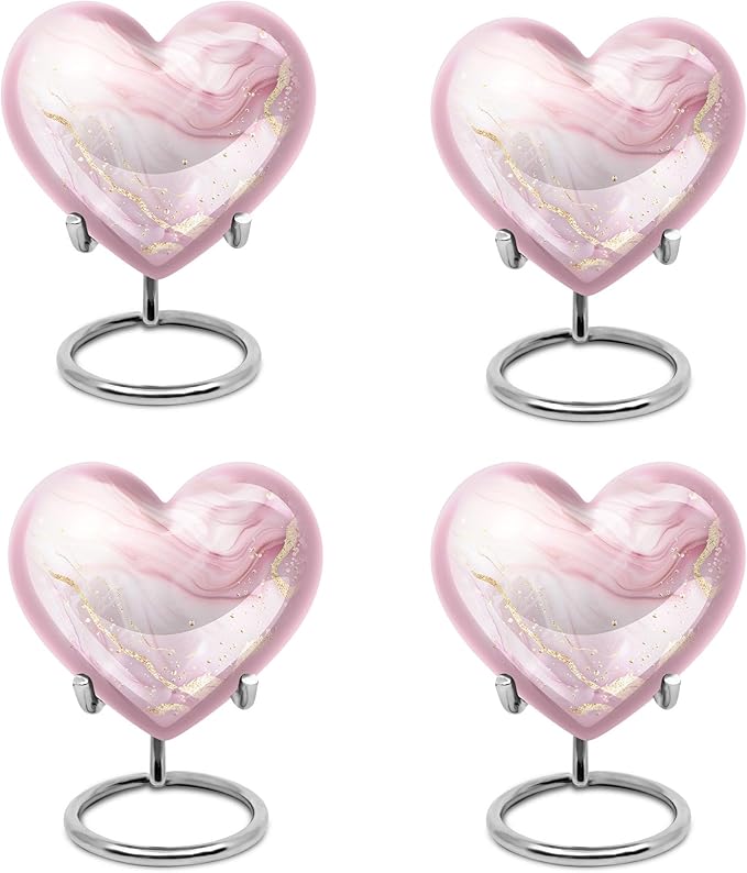 Blush Pink Marble Heart Urn - Small Decorative Mini Urn (3 Inch, 4 Pcs) for Women's Cremation Ashes