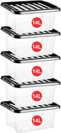 14L Plastic Storage Boxes with Lids (14 Litre / 5 Pack) | Stackable Boxes with Black Lid and Clear Containers for Home Kitchen | Storage Tubs for Office Accessories