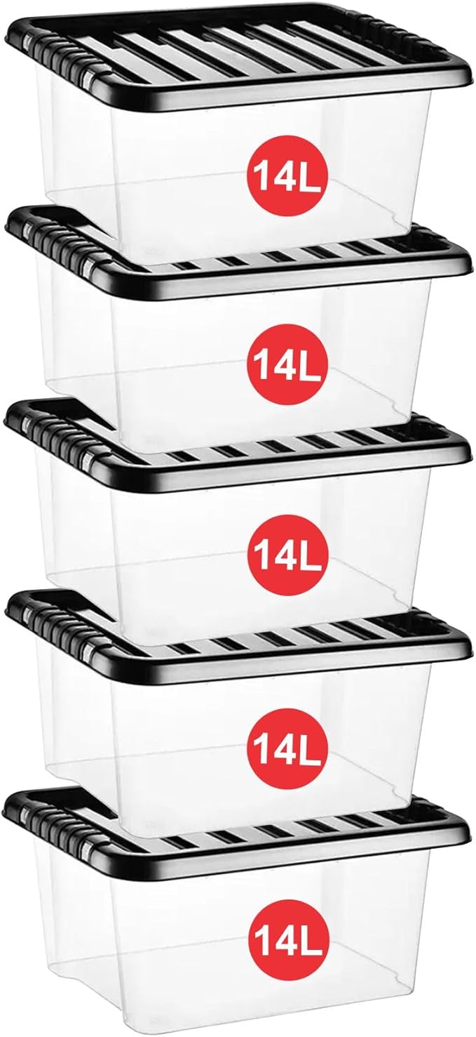 14L Plastic Storage Boxes with Lids (14 Litre / 5 Pack) | Stackable Boxes with Black Lid and Clear Containers for Home Kitchen | Storage Tubs for Office Accessories