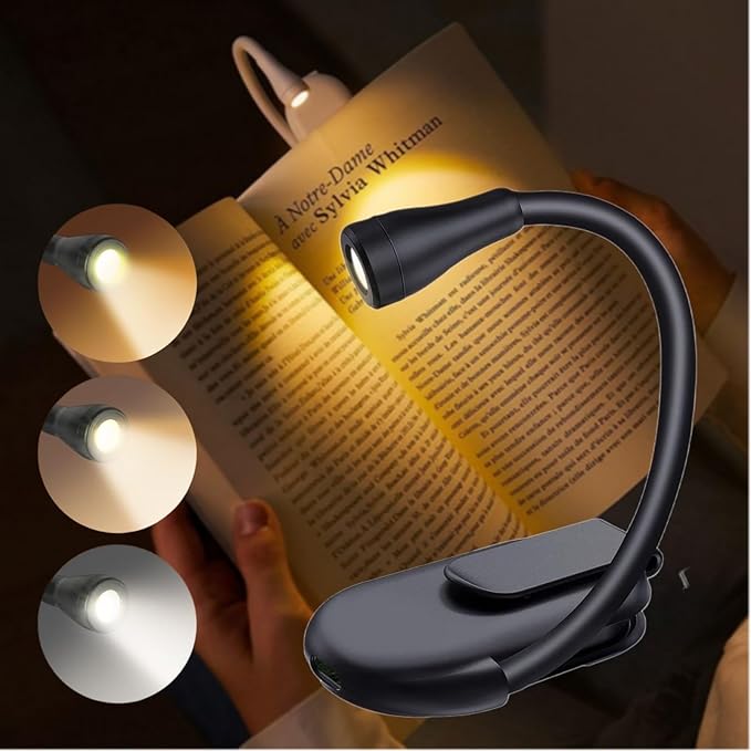 Reading Light, LED Book Lights, Rechargeable Reading Lamp with 3 Eye-Protecting Lighting, 360° Flexible Gooseneck Clip on Book Light, Black[Energy Class A]