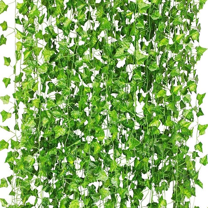 CQURE 12Pcs 84Ft Artificial Ivy Garland,Ivy Garland Fake Vines UV Resistant Green Leaves Fake Plants Hanging Vines for Wedding Party Garden Wall Room Decor