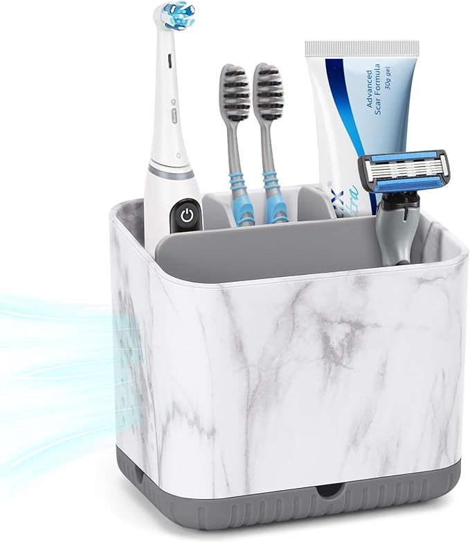 Toothbrush Holder Caddy Marble-Look Electric Toothbrush Holder with Drip Tray, Non-Slip 4 Slots Toothbrush Storage for Bathroom Toothpaste and Tooth Brush Tidy