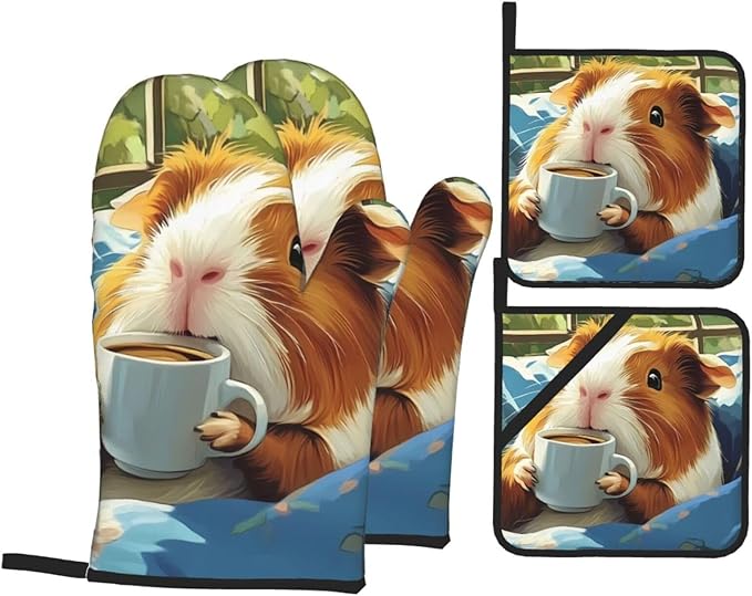 Lazy Home Style Guinea Pig Heat Resistant Oven Gloves And Potholders Set Oven Gloves With Non-Slip Grip For Bbq, Baking, Cooking