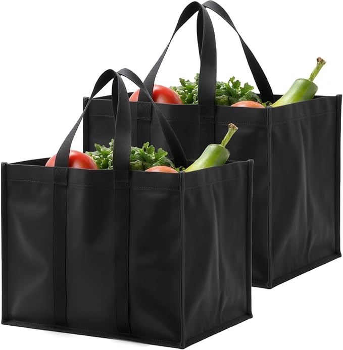 2 Pcs Black Reusable Grocery Bags Shopping Bag Tote Bag with Handles Foldable Washable Stands Upright Reinforced Bag with Handle-Hold Extra Large & Durable for Daily Life, Picnic, Camping.