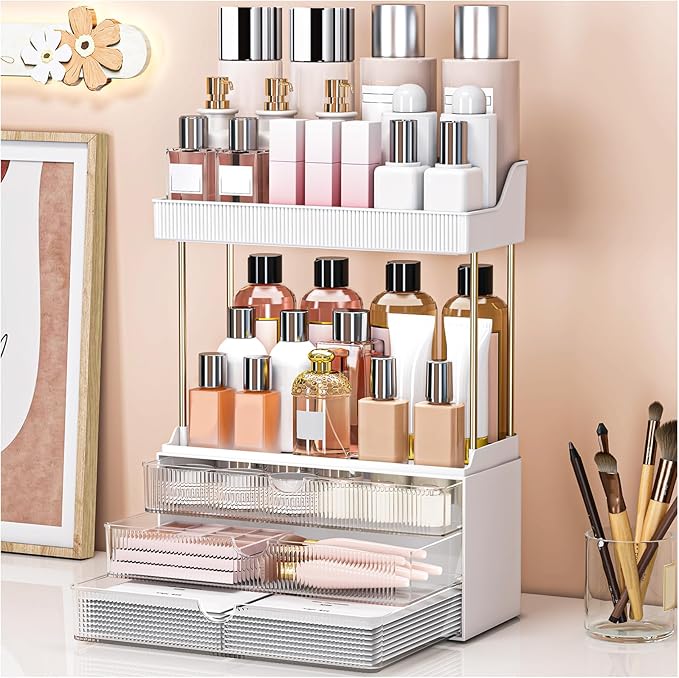 Makeup Organiser, 3 Tier Drawer, Cosmetics Organiser, Versatile Cosmetic Storage, Large Vanity Organiser, Dressing Table Organiser, Anti-Slip Design, Countertop Bathroom Storage, Clear