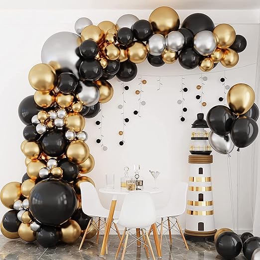 134pcs Balloon Arch Kit,Black Gold Balloons Arch,Black Gold Silver Birthday Balloons,Black Balloons Garland for New Year Eve 2026,Birthday Party Decorations Men,Graduation,Wedding,Prom,Retirement