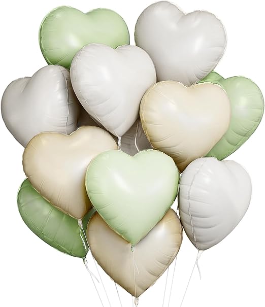 QIFU Sage Green Heart Balloons 12pcs, Green Cream Beige Love Heart Balloons Valentines Balloon, Helium Foil Hearts Balloon for Romantic Valentines Decorations Anniversary Engagement Wedding Girlfriend