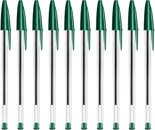 Pack Of 10 Green Biro Ballpoint Pens - Medium Tip
