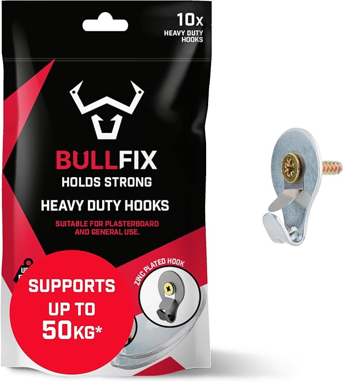 Bullfix Hook, Heavy Duty Picture Hooks, Wall Hooks for Hanging Picture Frames onto Masonry Walls, Timber & Plasterboard, Holds up to 50kg, Universal Plasterboard Fixings Kit for Frames Pack of 10