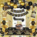 Black and Gold Party Decorations, Black and Gold Balloons Birthday Decorations, Happy Birthday Banner Golden Fringe Curtain Tablecloth Bday Sash Crown Pom Poms for Men Women Bday Decor