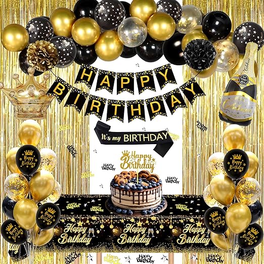 Black and Gold Party Decorations, Black and Gold Balloons Birthday Decorations, Happy Birthday Banner Golden Fringe Curtain Tablecloth Bday Sash Crown Pom Poms for Men Women Bday Decor