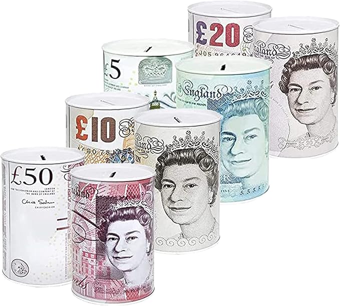 KAV - Value Pack of 4 Money Tin Boxes/Tinplate, Multi-Colour, Notes Design Money Saving Tin, Metal, Multicolour, meduim - Assorted