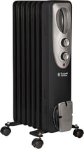 Russell Hobbs 1500W/1.5KW Oil Filled Radiator, 7 Fin Portable Electric Heater - Black, Adjustable Thermostat with 3 Heat Settings, Safety Cut-off, 15 m sq Room Size, RHOFR5001B, 2 Year Guarantee