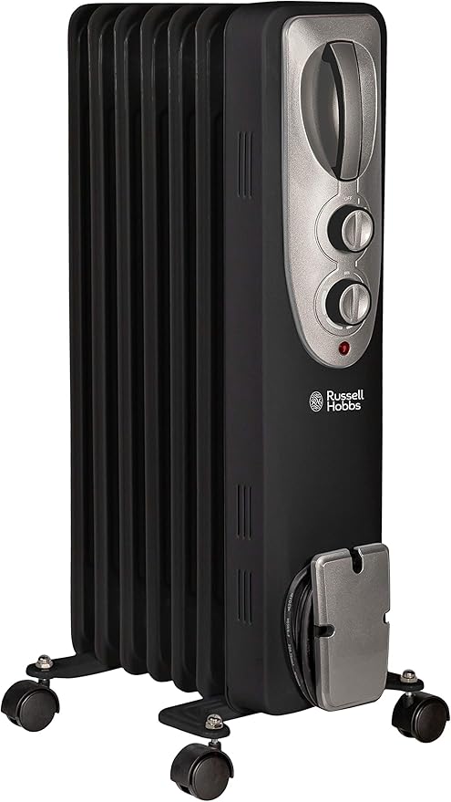 Russell Hobbs 1500W/1.5KW Oil Filled Radiator, 7 Fin Portable Electric Heater - Black, Adjustable Thermostat with 3 Heat Settings, Safety Cut-off, 15 m sq Room Size, RHOFR5001B, 2 Year Guarantee