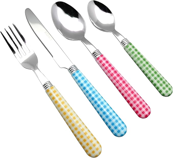 EXZACT Cutlery Set 24pcs Stainless Steel with Gingham Check Coloured Handles - 6 x Forks, 6 x Dinner Knives, 6 x Table Spoons, 6 x Tea Spoons (Mixed Color x 24 pcs)