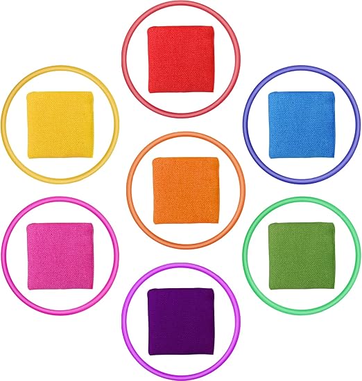 FRIUSATE 14Pcs Throwing Game Set,7Pcs Nylon Bean Bags (5 * 5CM) 7Pcs Plastic Toss Rings Colorful Kids Beanbag Toss Game Carnival Toys for Toddlers Kids Indoor Outdoor Activities
