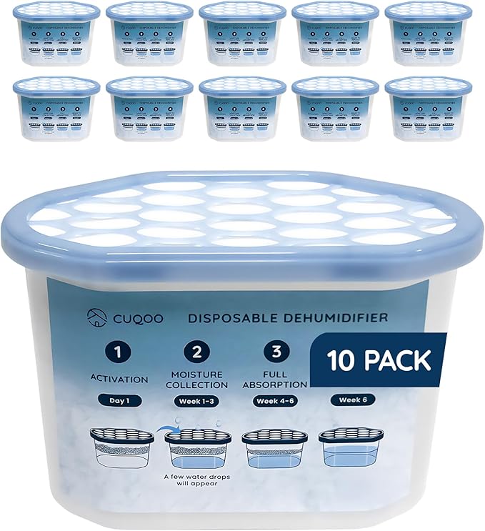 CUQOO Disposable Dehumidifier for Home 500ml, Pack of 10 Moisture Absorber Dehumidifiers for Damp, Mould, Kitchen, Wardrobe, Bedroom, Caravan, Office, Garage, Bathroom - Mini Condensation Absorbers
