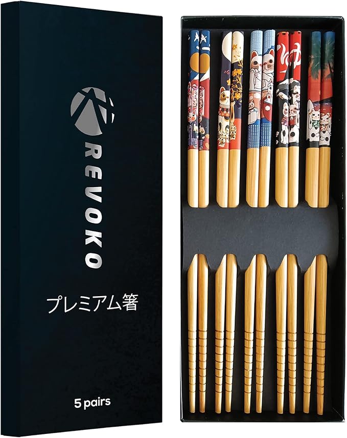 Bamboo Chopsticks - Premium 5-Pack Japanese Reusable Chopsticks with Fortune Cat Print - Natural Food-Grade Chop Sticks for Sushi, Asian Dishes (Fortune Cat Print)