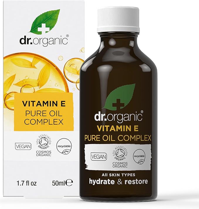 Dr Organic Vitamin E Pure Oil, Hydrating, Essential Oil, All Skin Types, Natural, Vegan, Cruelty-Free, Paraben & SLS-Free, Certified Organic, 50ml, Packaging may vary