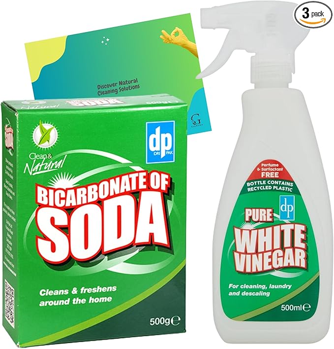 Bicarbonate of Soda for Cleaning 500g and White Vinegar Spray 500ml Bundled With Glameno Cleaning Tips
