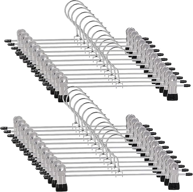Trouser Hanger, 20Pack Pant Hangers Space Saving Skirt Hangers with Clips Adjustable Non-Slip Coat Suit Heavy Duty Chrome Clothes Hook