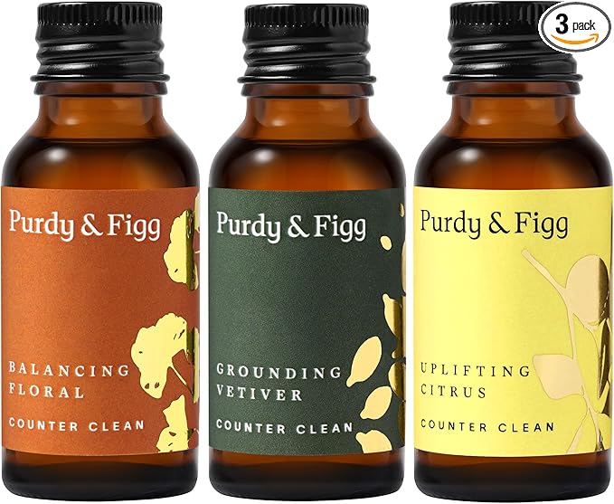 Purdy & Figg | Counter Clean Mixed Refill Kit | All-Purpose Cleaning Spray with Organic Essential Oils | Natural & Non-Toxic | Home & Kitchen Countertops | Citrus/Floral/Vetiver Scents