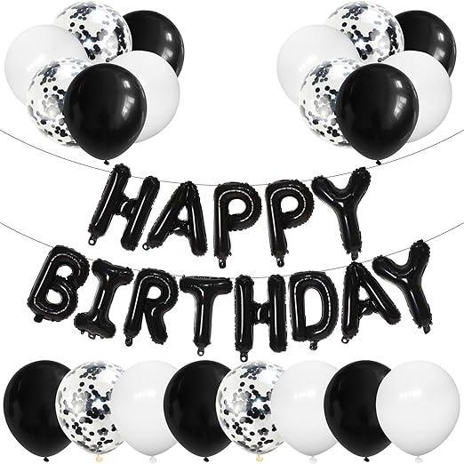 Happy Birthday Banner With Black and White Latex and Foil Balloons - 20pcs Confetti Party Decorations Set, 16 inch for Boys Girls Men Women