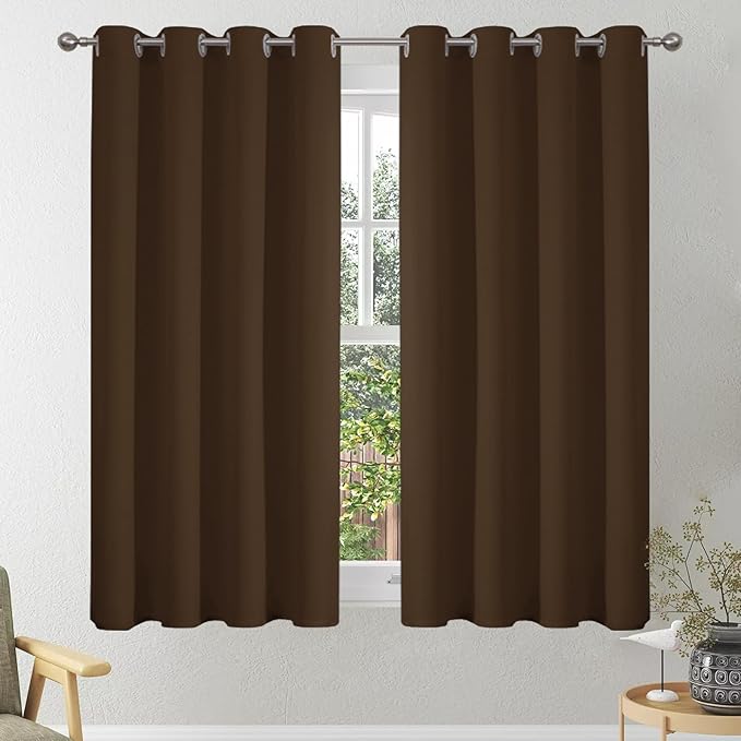 Blackout Curtains 54 Inch Drop, Eyelet Thermal Insulated Short Curtain for Bedroom, Soft Small Living Room Window Curtains & Drapes, W46 x L54 Inch, Brown, 2 Panels